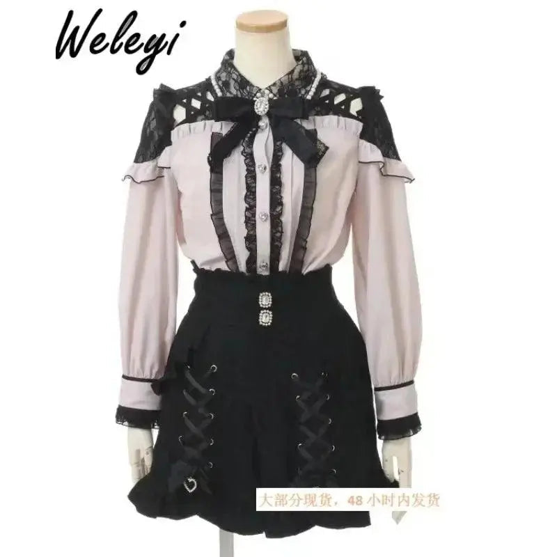 Jirai Kei Women Shirts Lolita Sweet Japanese Spring Top Mine Series Mass Production Off Shoulder Hollow Lace Long Sleeve Blouse - Tophatter Daily Deals