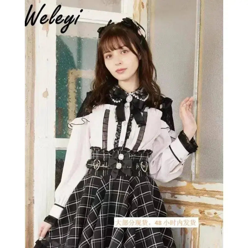 Jirai Kei Women Shirts Lolita Sweet Japanese Spring Top Mine Series Mass Production Off Shoulder Hollow Lace Long Sleeve Blouse - Tophatter Daily Deals