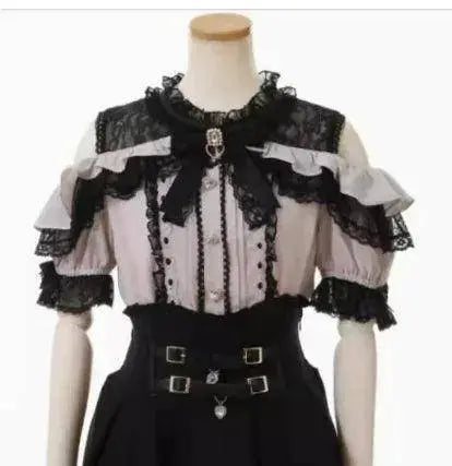 Jirai Kei Women Shirts Lolita Sweet Japanese Spring Top Mine Series Mass Production Off Shoulder Hollow Lace Long Sleeve Blouse pink B short sleeve - Tophatter Daily Deals