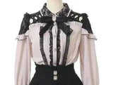 Jirai Kei Women Shirts Lolita Sweet Japanese Spring Top Mine Series Mass Production Off Shoulder Hollow Lace Long Sleeve Blouse Black pink - Tophatter Daily Deals