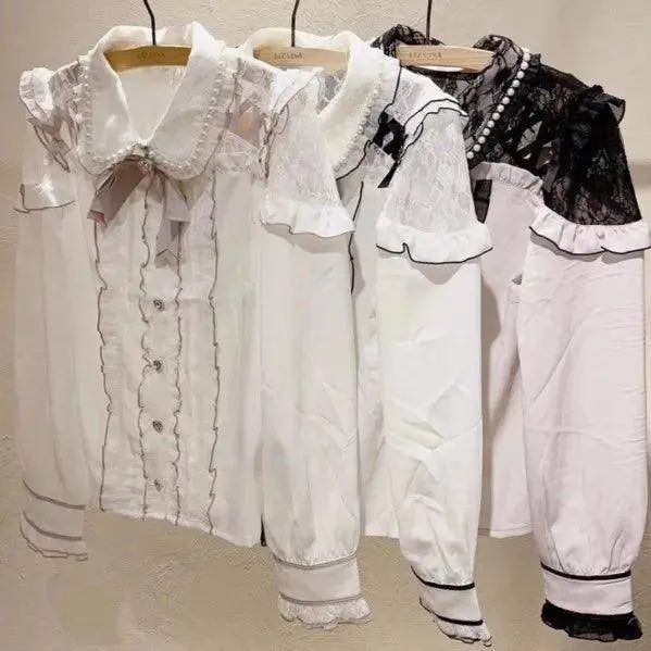 Jirai Kei Women Shirts Lolita Sweet Japanese Spring Top Mine Series Mass Production Off Shoulder Hollow Lace Long Sleeve Blouse - Tophatter Daily Deals