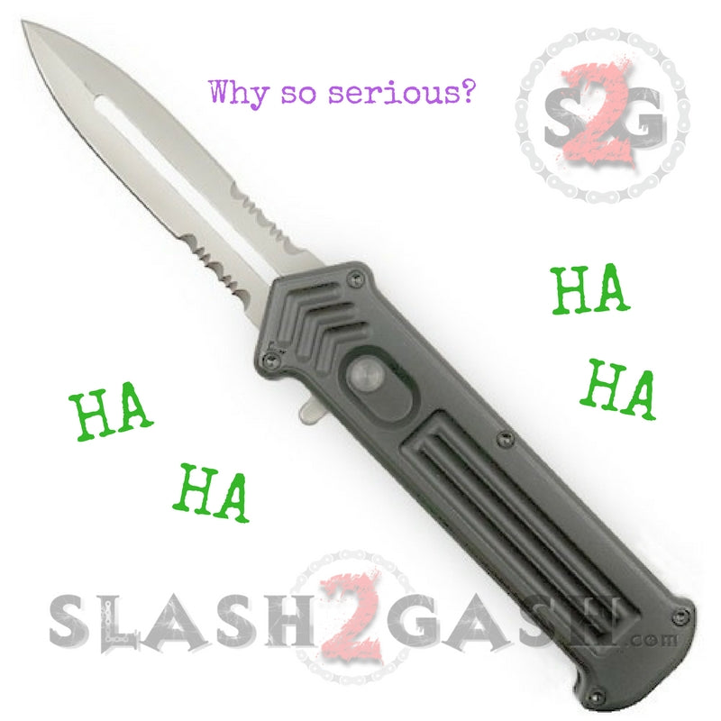 Cupid (Joker) OTF Automatic Knife S/A Black Serrated TAIWAN Grey Handle Knife-OTF - Tophatter Daily Deals