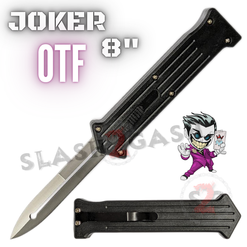 JOKER OTF Knife 8" Auto Switchblade Dagger ABS Handle - Black w/ Silver Black Knife-OTF - Tophatter Daily Deals