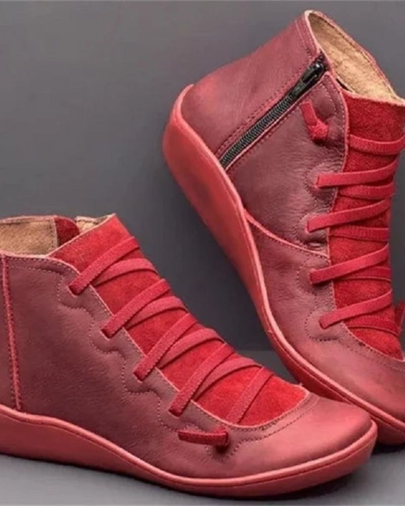 Supportive Classic Leather Ankle Boots - Lace Up, Casual Red - Tophatter Daily Deals