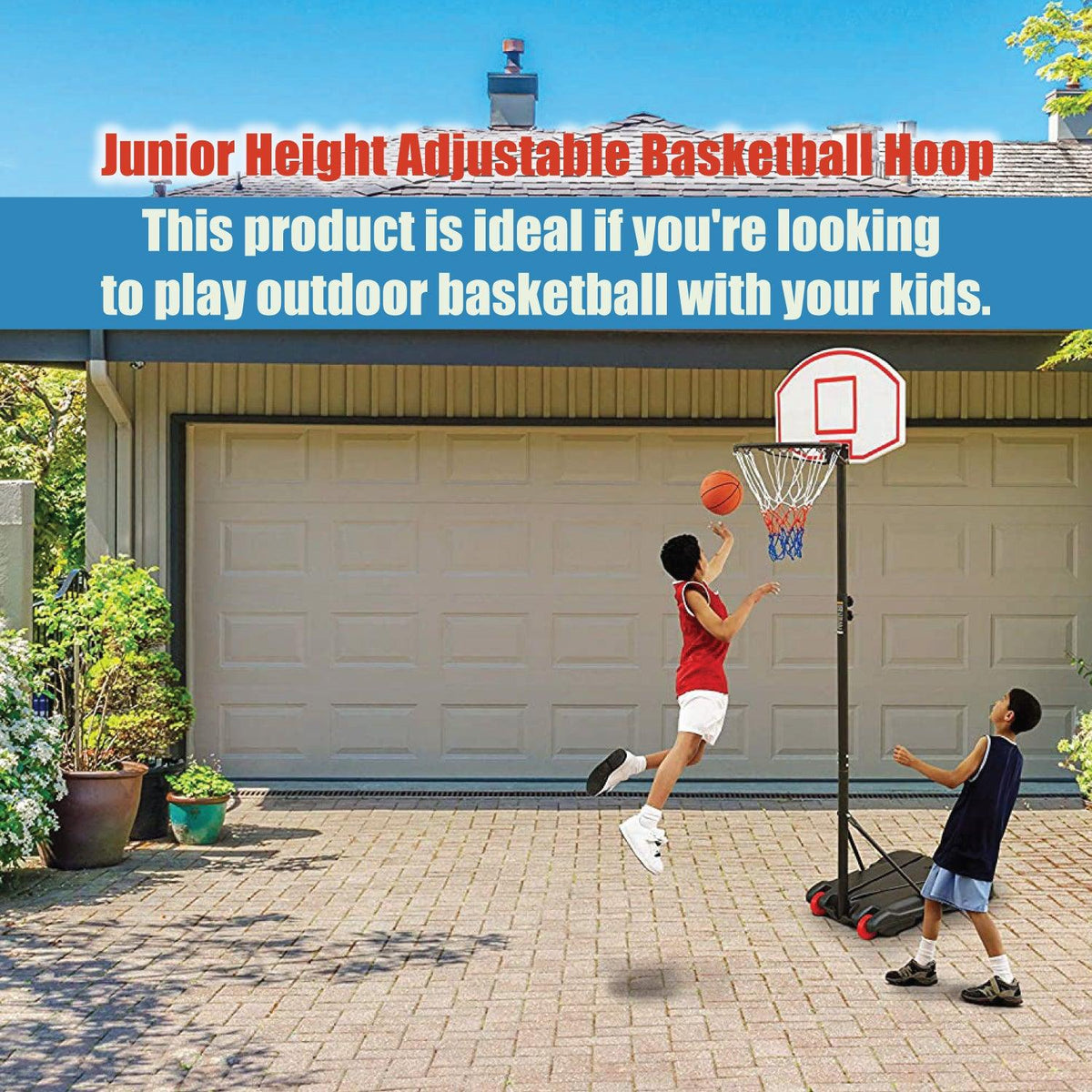 Portable Basketball Stand - Junior Height Adjustable Basketball Hoop, Free Standing Portable Basketball Stand for Kids I Hoop height adjustable 165cm to 205cm Sports - Tophatter Daily Deals