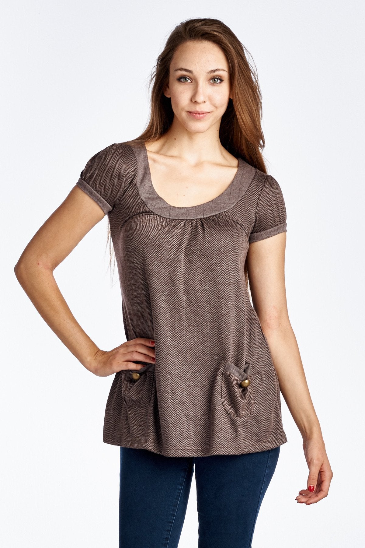 Women's Bell Sleeve Tunic with Front Pocket Detail Brown 14 Tops - Tophatter Daily Deals