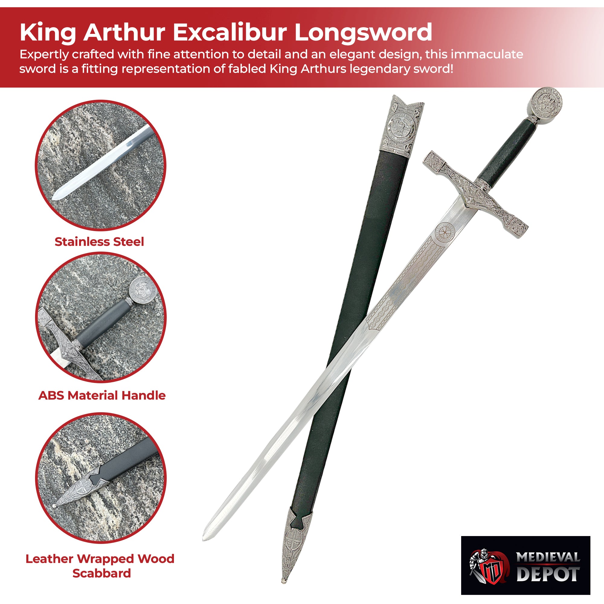 King Arthur Excalibur Replica Longsword - Silver swords - Tophatter Daily Deals