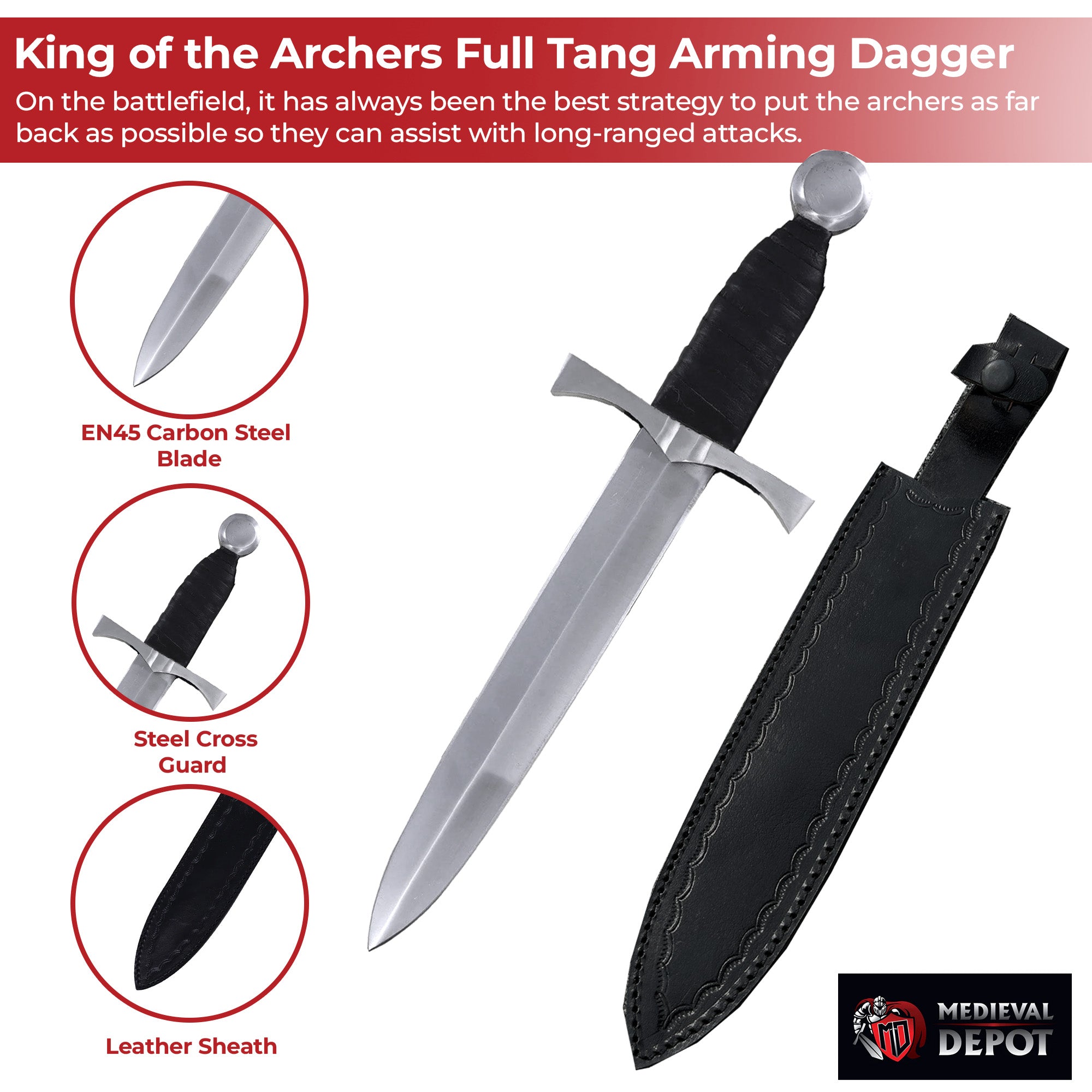 King of the Archers Full Tang Arming Dagger with Black Leather Handle Dagger - Tophatter Daily Deals