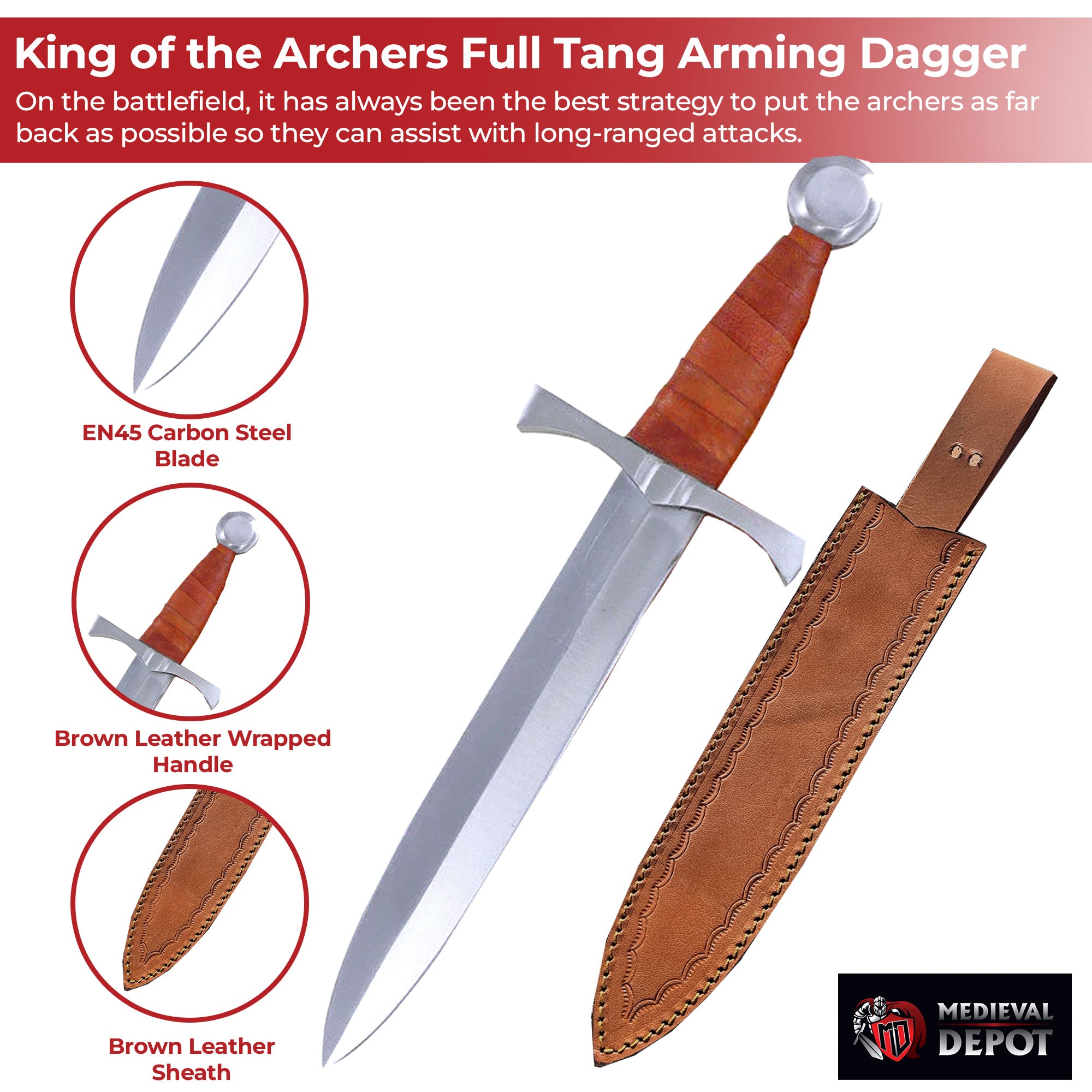 King of the Archers Full Tang Arming Dagger with Brown Leather Handle Dagger - Tophatter Daily Deals