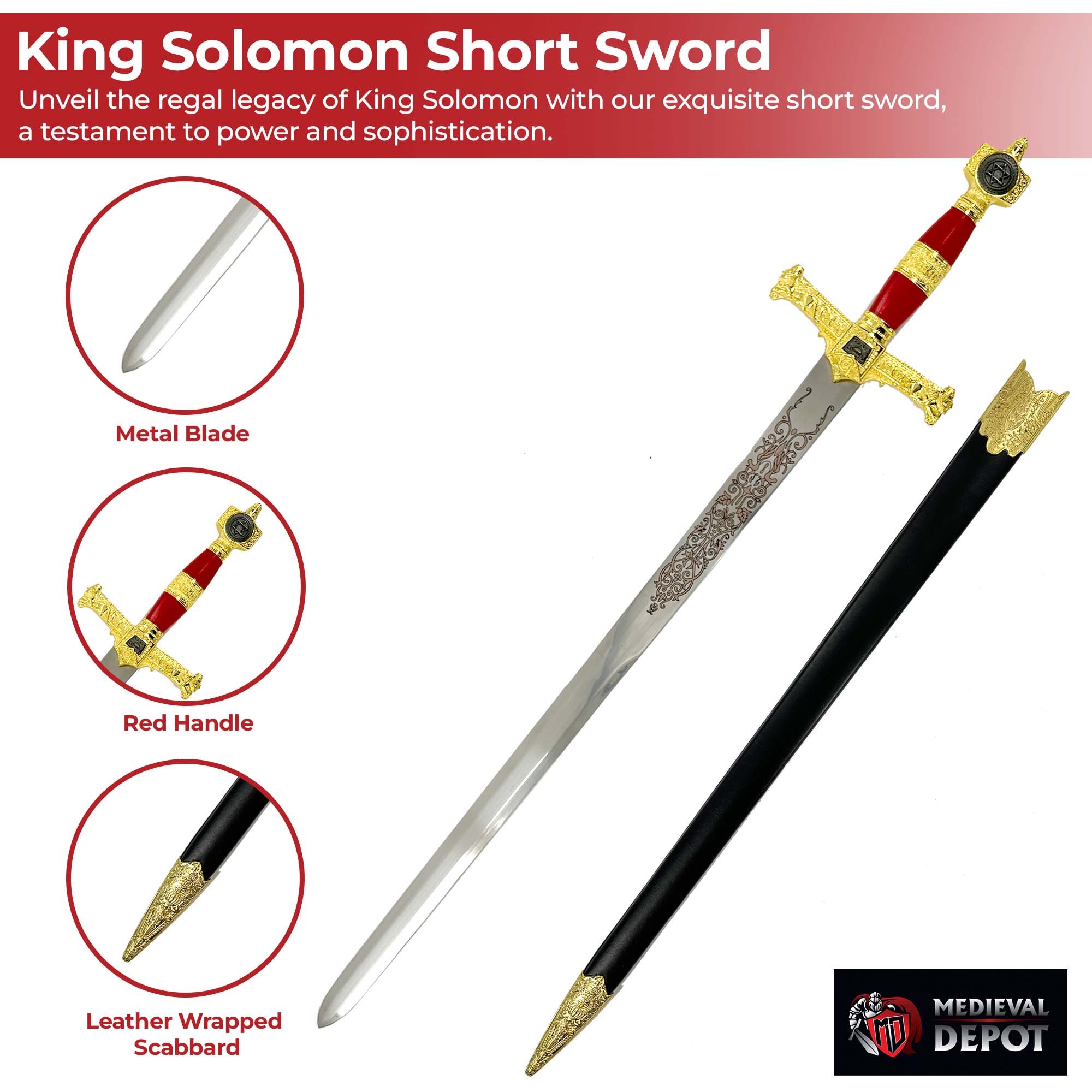King Solomon Short Sword Majestic Red and Gold Edition Swords - Tophatter Daily Deals