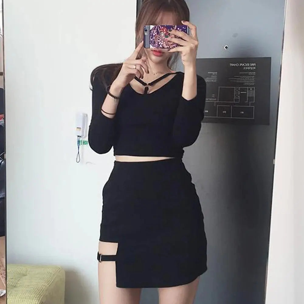 KLV Women Summer Harajuku Sexy Irregular High Waist Bandage Skirt Female Black Gothic Mini Bodycon Short Skirt Slim Clubwear - Tophatter Daily Deals