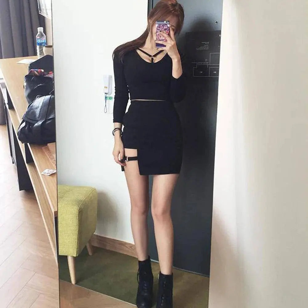 KLV Women Summer Harajuku Sexy Irregular High Waist Bandage Skirt Female Black Gothic Mini Bodycon Short Skirt Slim Clubwear - Tophatter Daily Deals