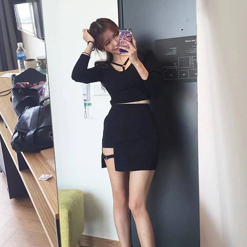 KLV Women Summer Harajuku Sexy Irregular High Waist Bandage Skirt Female Black Gothic Mini Bodycon Short Skirt Slim Clubwear - Tophatter Daily Deals