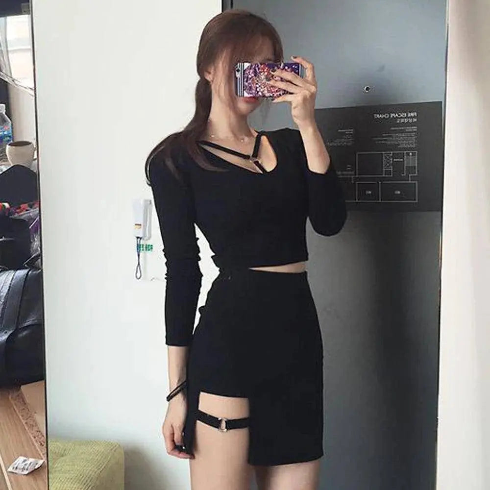 KLV Women Summer Harajuku Sexy Irregular High Waist Bandage Skirt Female Black Gothic Mini Bodycon Short Skirt Slim Clubwear - Tophatter Daily Deals