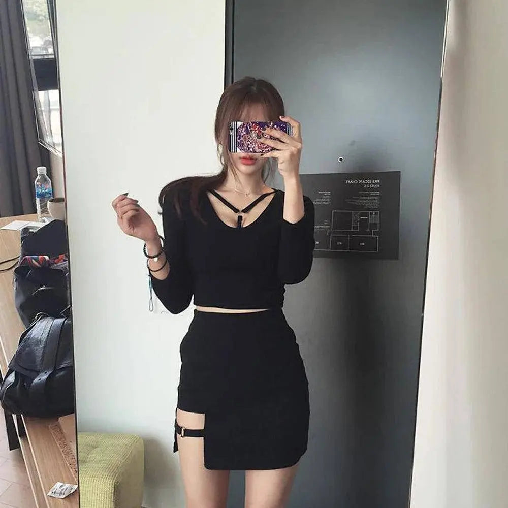 KLV Women Summer Harajuku Sexy Irregular High Waist Bandage Skirt Female Black Gothic Mini Bodycon Short Skirt Slim Clubwear - Tophatter Daily Deals