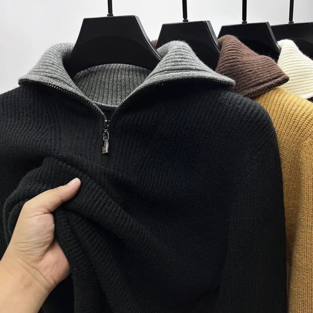 Warm Mens Half Zip Sweater - Stand Collar, Knit, Casual Black - Tophatter Daily Deals