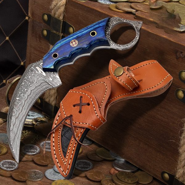 7.5′ Handmade Damascus Steel Karambit Knife With Leather Sheath - Tophatter Daily Deals