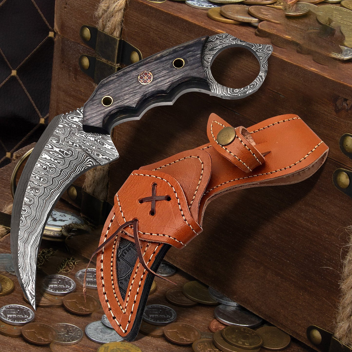 7.5′ Handmade Damascus Steel Karambit Knife With Leather Sheath - Tophatter Daily Deals