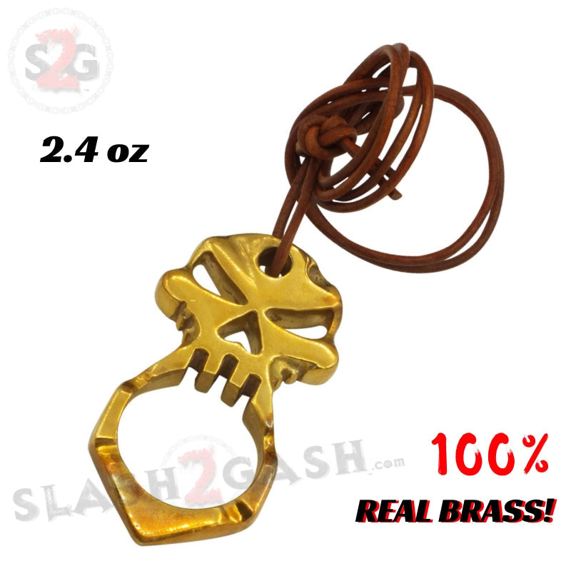 One Finger Skull Knuckle Self Defense Keychain - REAL BRASS w/ Leather Brass SD-KeyChain - Tophatter Daily Deals