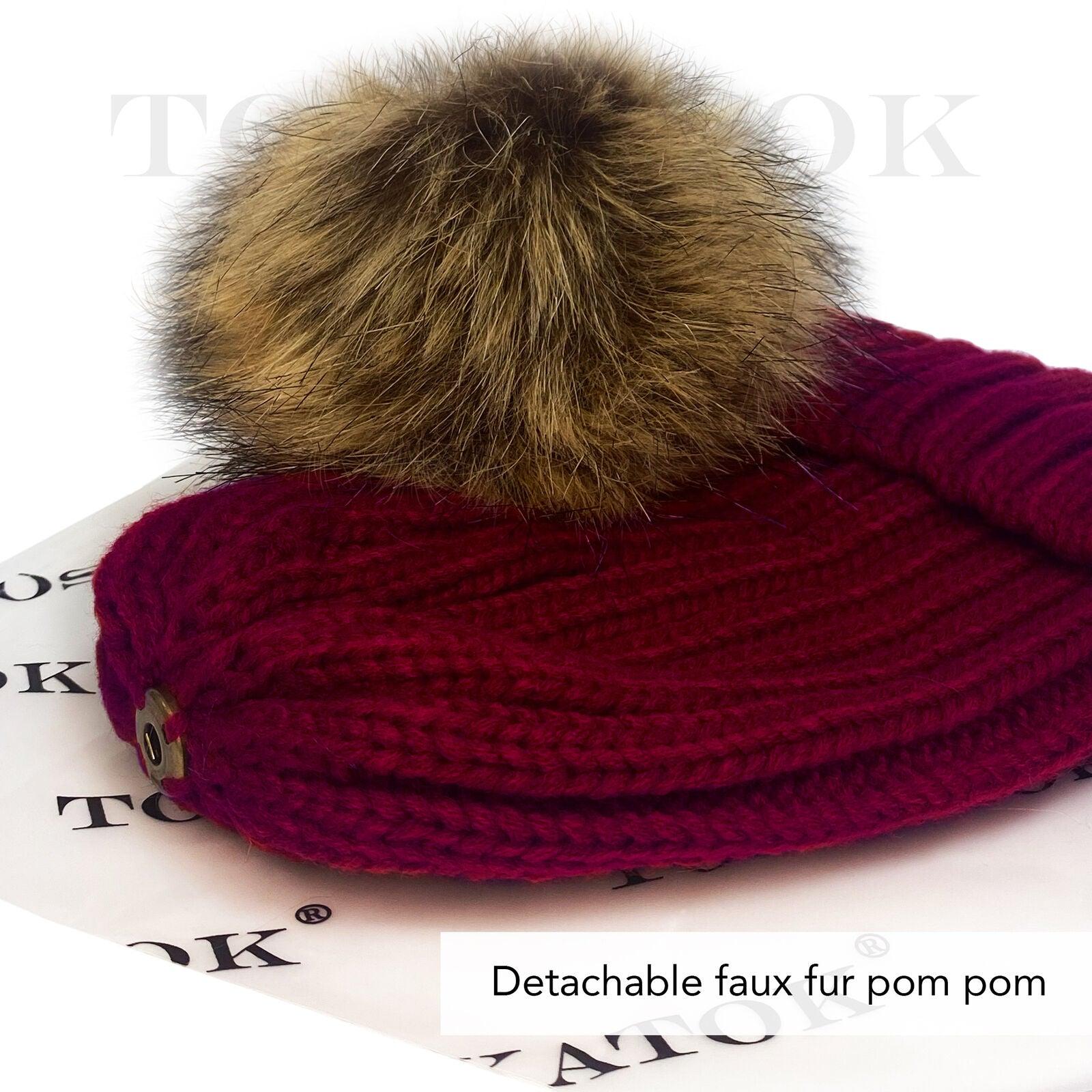 Womens Beanie Hats UK - Ladies Womens Winter Knitted Beanie Ski Hat Detachable Faux Fur Bobble Pom Pom Clothing - Tophatter Daily Deals