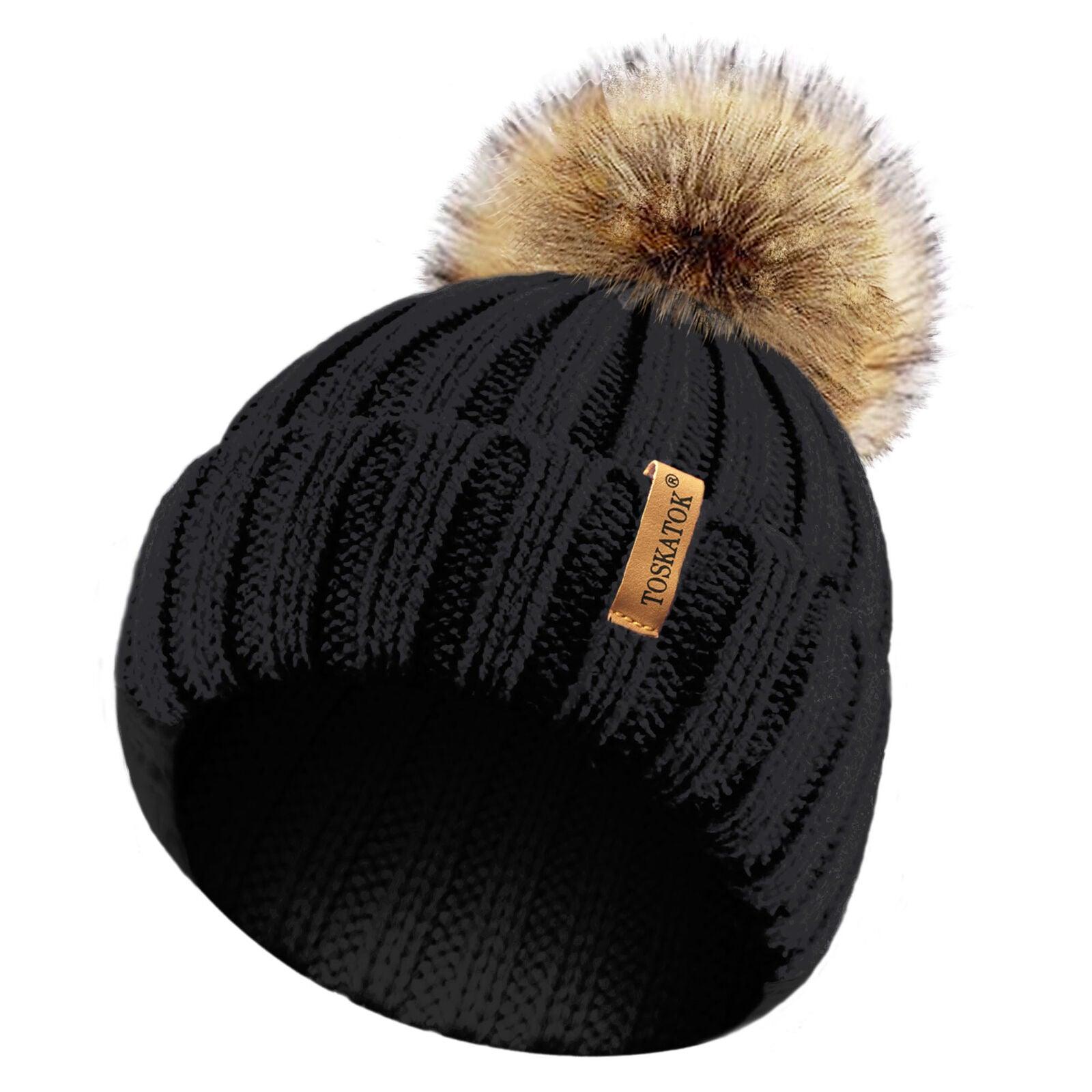 Womens Beanie Hats UK - Ladies Womens Winter Knitted Beanie Ski Hat Detachable Faux Fur Bobble Pom Pom Black Clothing - Tophatter Daily Deals