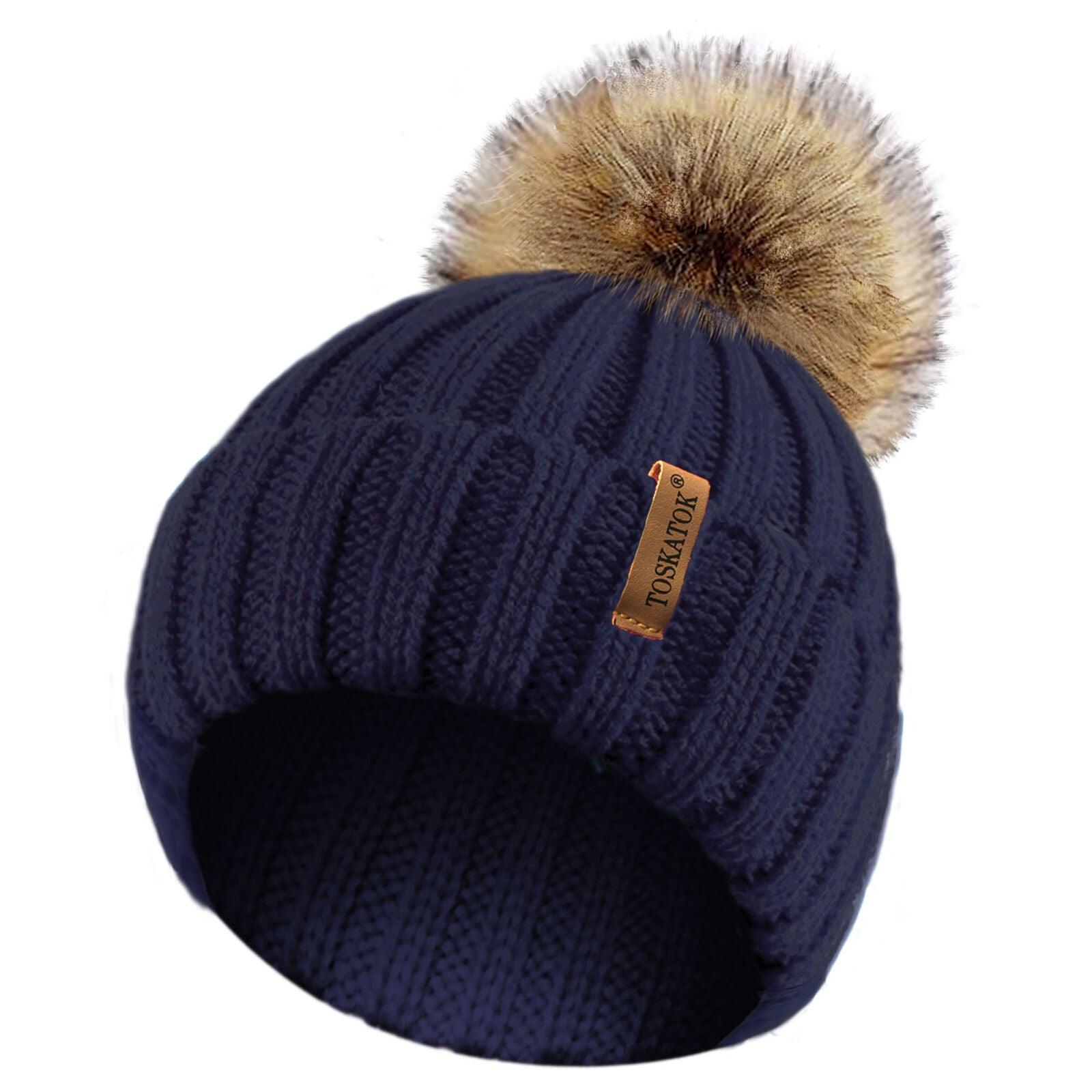 Womens Beanie Hats UK - Ladies Womens Winter Knitted Beanie Ski Hat Detachable Faux Fur Bobble Pom Pom Navy Clothing - Tophatter Daily Deals