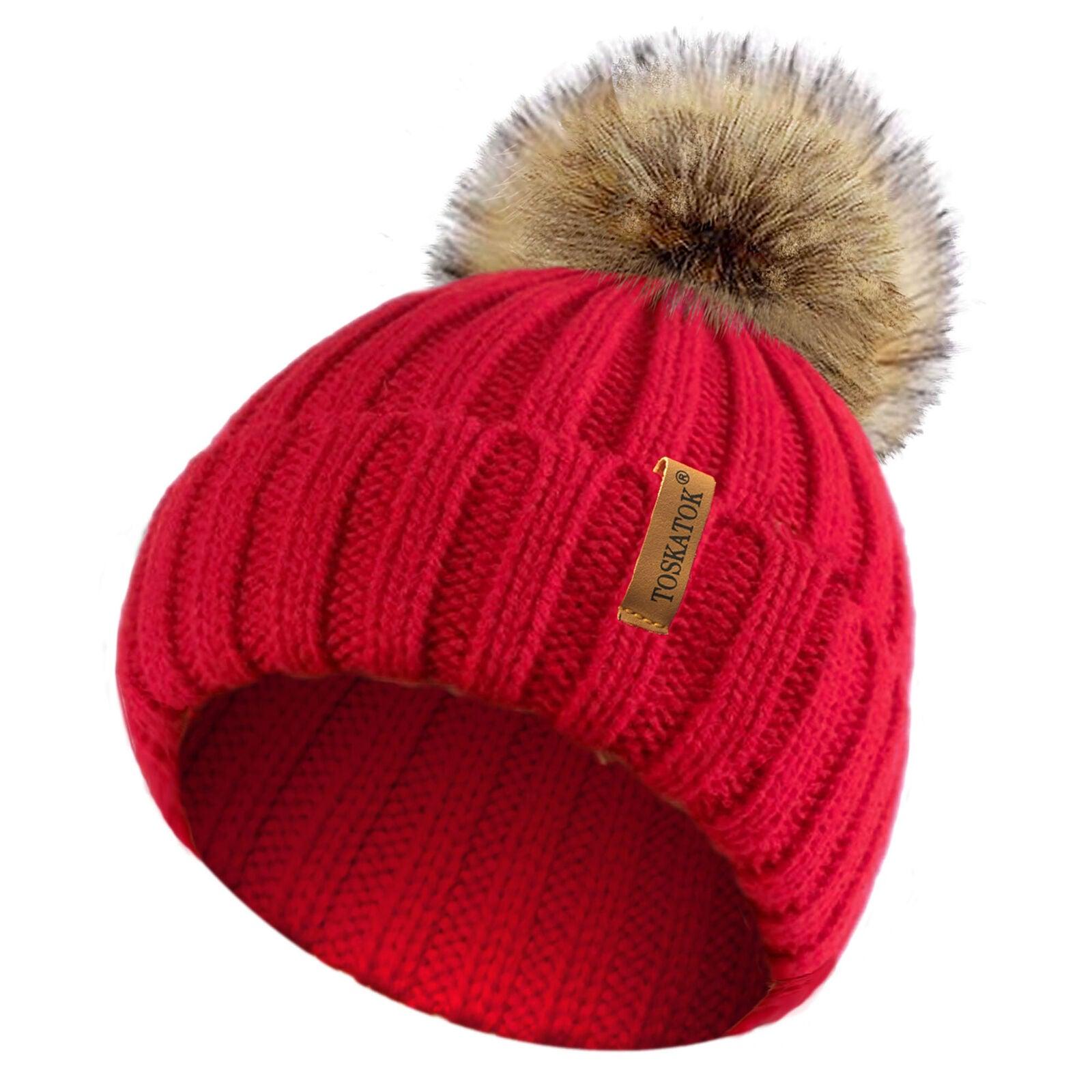 Womens Beanie Hats UK - Ladies Womens Winter Knitted Beanie Ski Hat Detachable Faux Fur Bobble Pom Pom Red Clothing - Tophatter Daily Deals