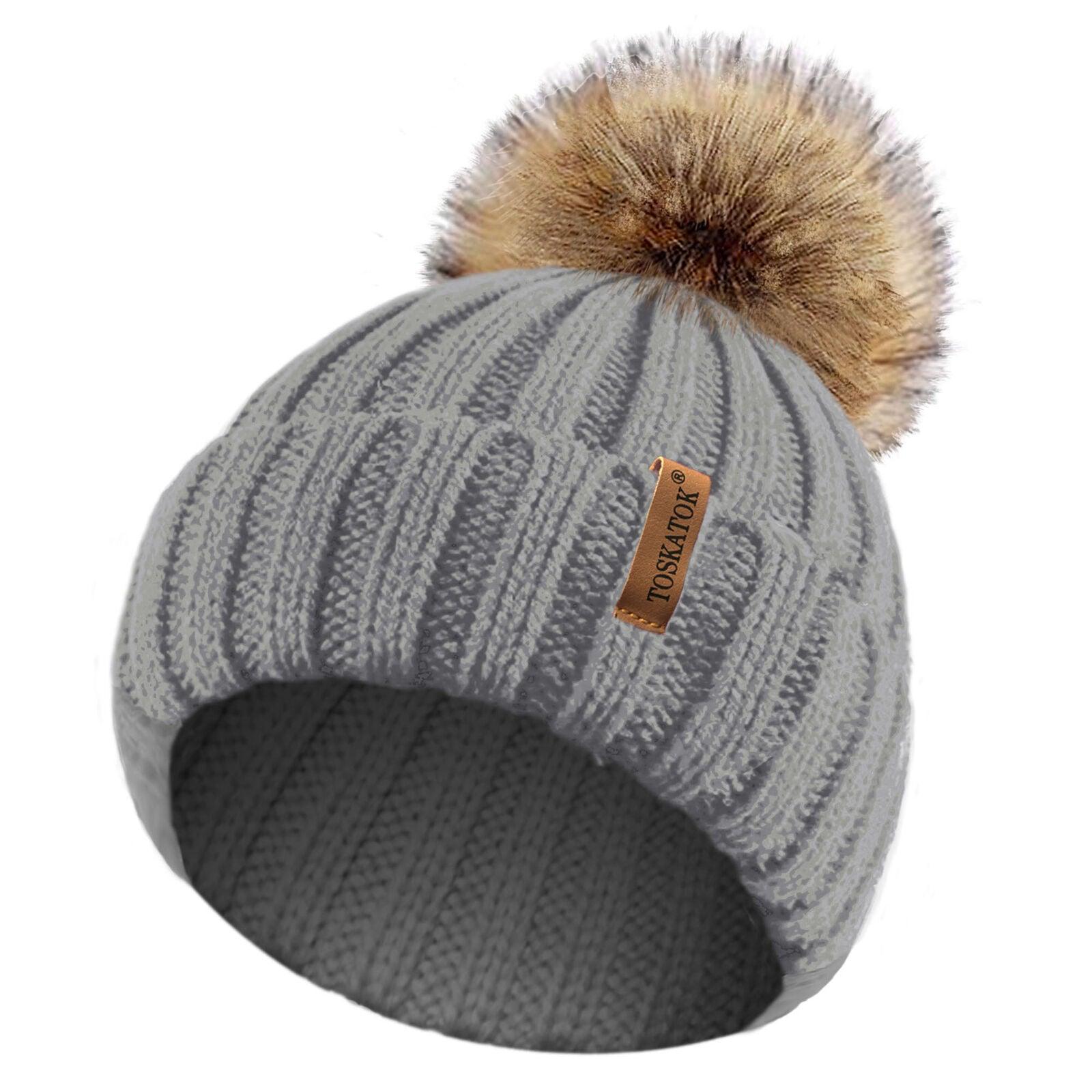 Womens Beanie Hats UK - Ladies Womens Winter Knitted Beanie Ski Hat Detachable Faux Fur Bobble Pom Pom Grey Clothing - Tophatter Daily Deals