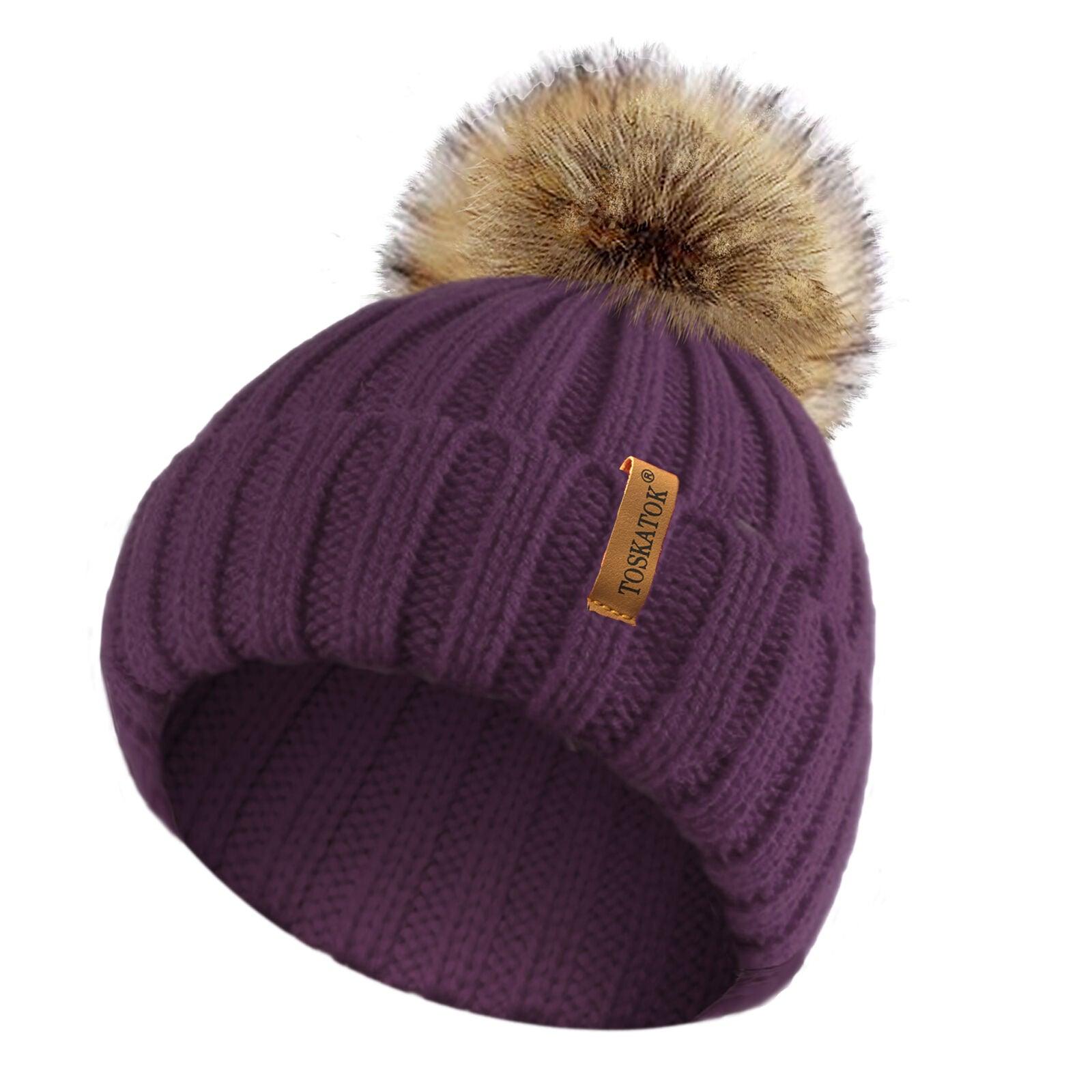 Womens Beanie Hats UK - Ladies Womens Winter Knitted Beanie Ski Hat Detachable Faux Fur Bobble Pom Pom Purple Clothing - Tophatter Daily Deals