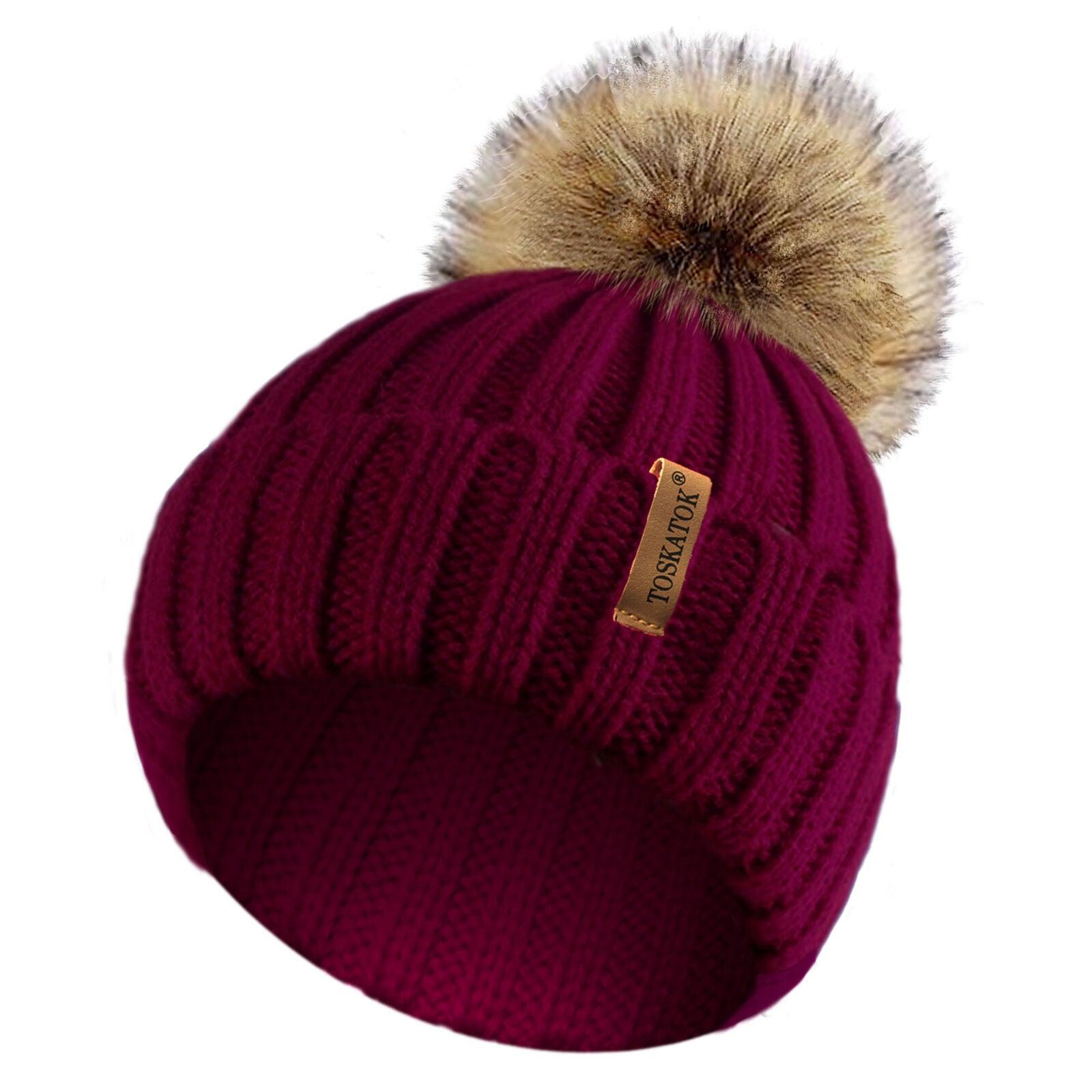 Womens Beanie Hats UK - Ladies Womens Winter Knitted Beanie Ski Hat Detachable Faux Fur Bobble Pom Pom Maroon Clothing - Tophatter Daily Deals