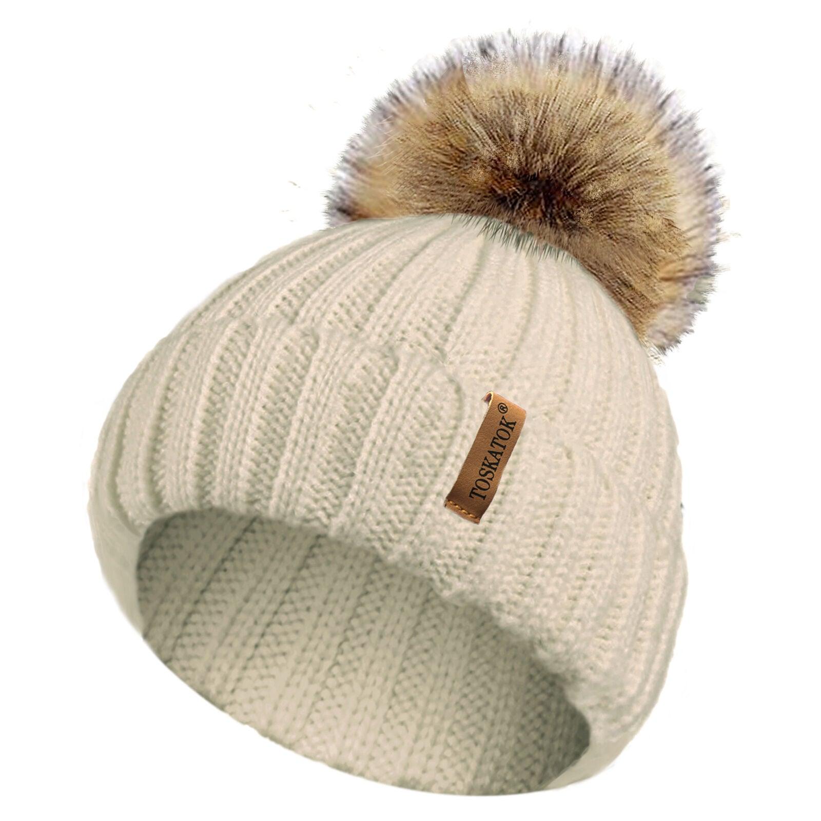 Womens Beanie Hats UK - Ladies Womens Winter Knitted Beanie Ski Hat Detachable Faux Fur Bobble Pom Pom White Clothing - Tophatter Daily Deals
