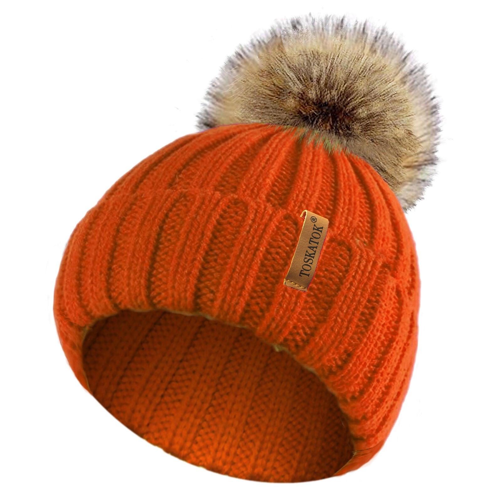 Womens Beanie Hats UK - Ladies Womens Winter Knitted Beanie Ski Hat Detachable Faux Fur Bobble Pom Pom Orange Clothing - Tophatter Daily Deals