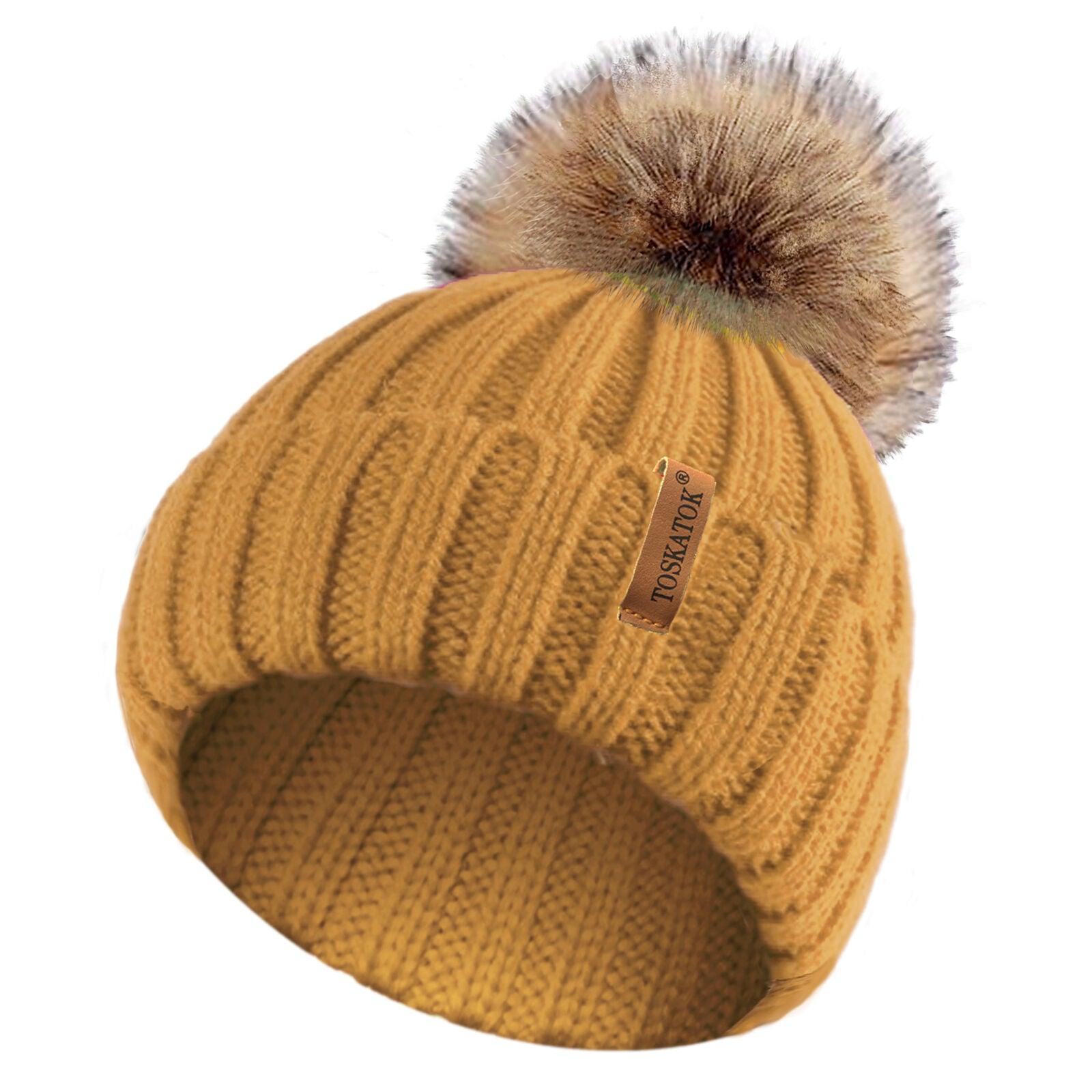 Womens Beanie Hats UK - Ladies Womens Winter Knitted Beanie Ski Hat Detachable Faux Fur Bobble Pom Pom Khaki Clothing - Tophatter Daily Deals