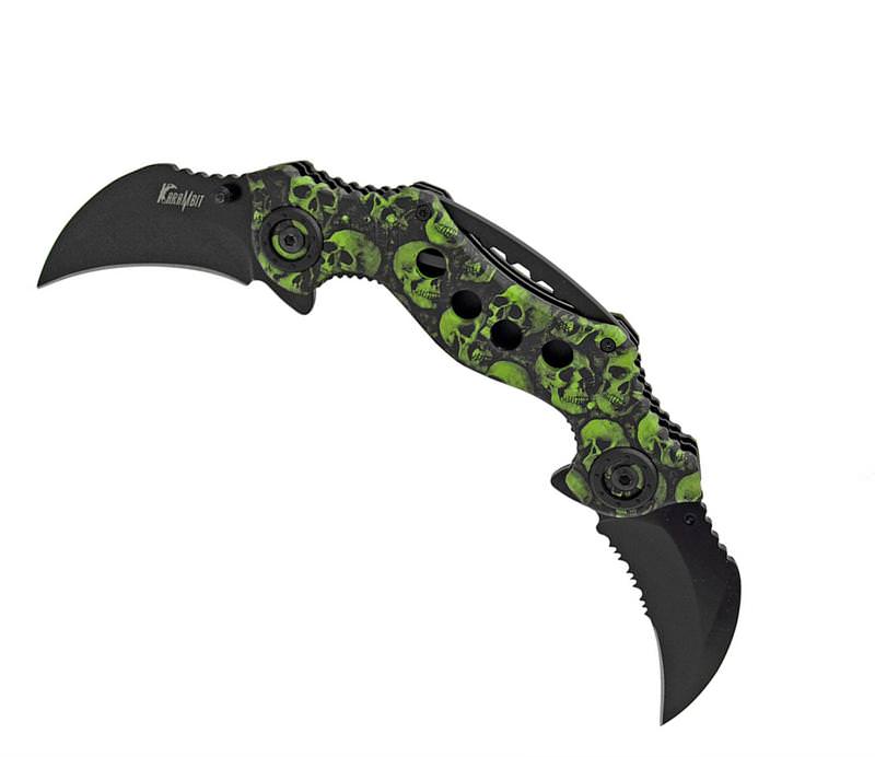 Double Trouble Dual Blade Karambit Assisted Open Knife - Green Skull Camo Collectible Weapons - Tophatter Daily Deals