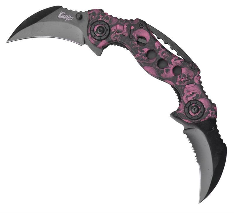 Double Trouble Dual Blade Karambit Assisted Open Knife - Pink Skull Camo Collectible Weapons - Tophatter Daily Deals