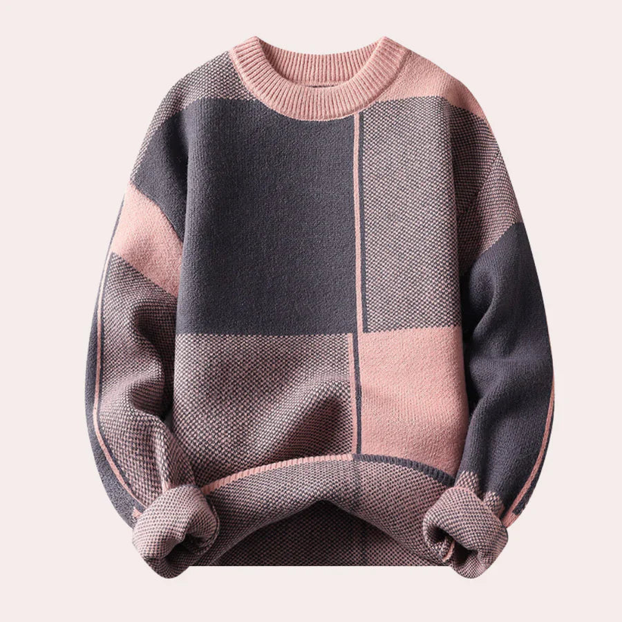 Warm Men’s Sweater - Oversized Check Crewneck, Cotton Pink - Tophatter Daily Deals