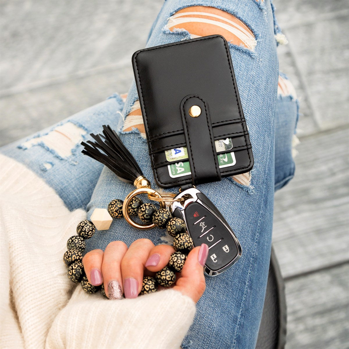 Leopard Beaded Key Ring Wallet Bracelet Black Black Handbags & Wallets - Tophatter Daily Deals