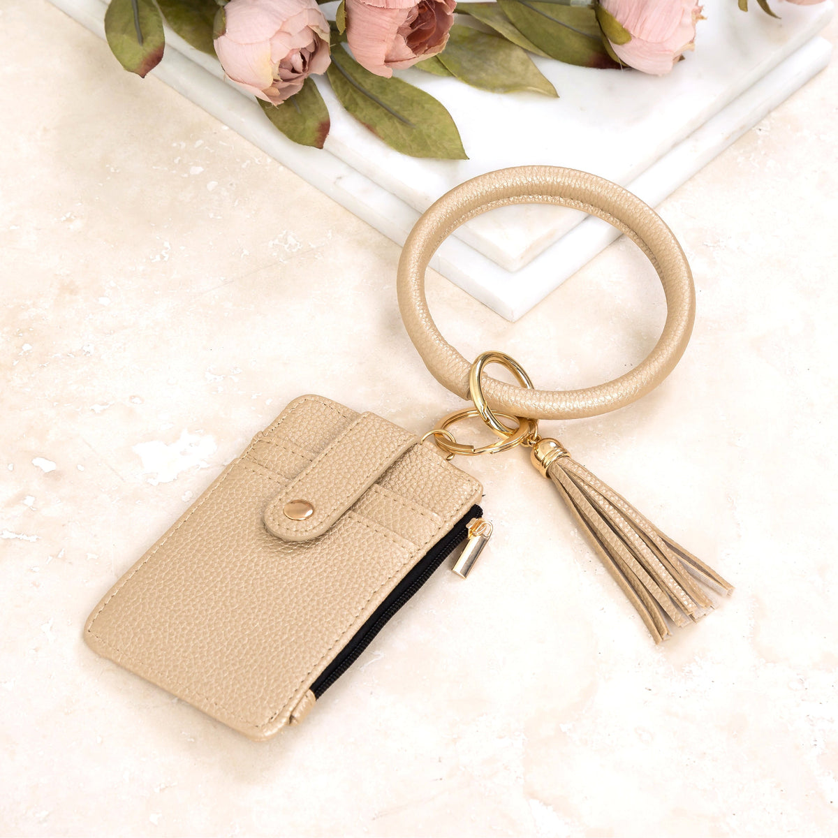 Key Ring ID Wallet Zip Bracelet Champagne Handbags & Wallets - Tophatter Daily Deals