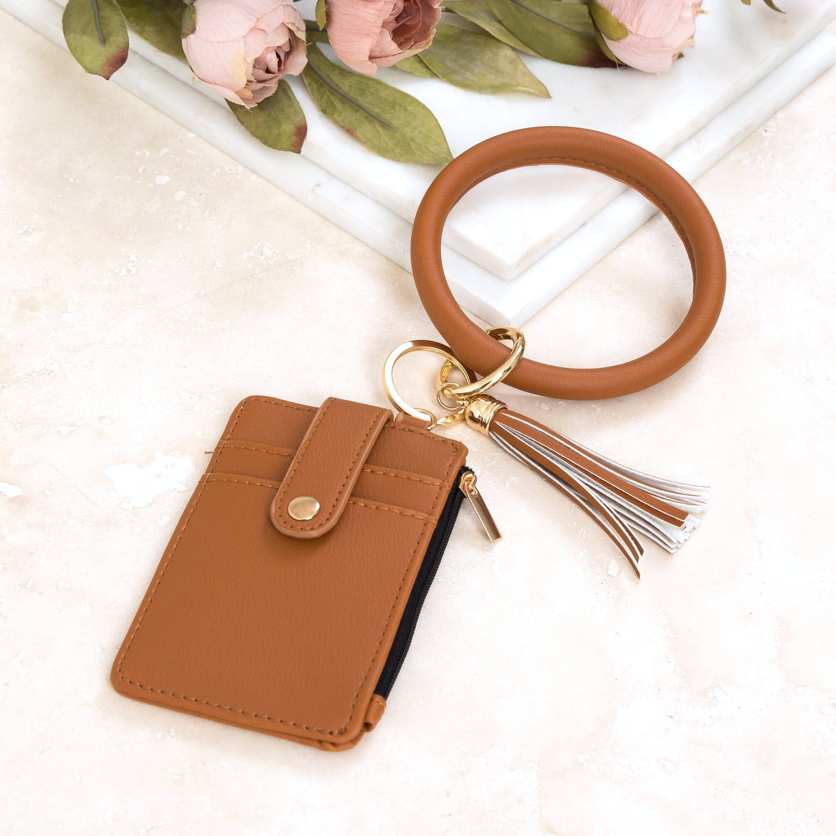 Key Ring ID Wallet Zip Bracelet Cognac Handbags & Wallets - Tophatter Daily Deals