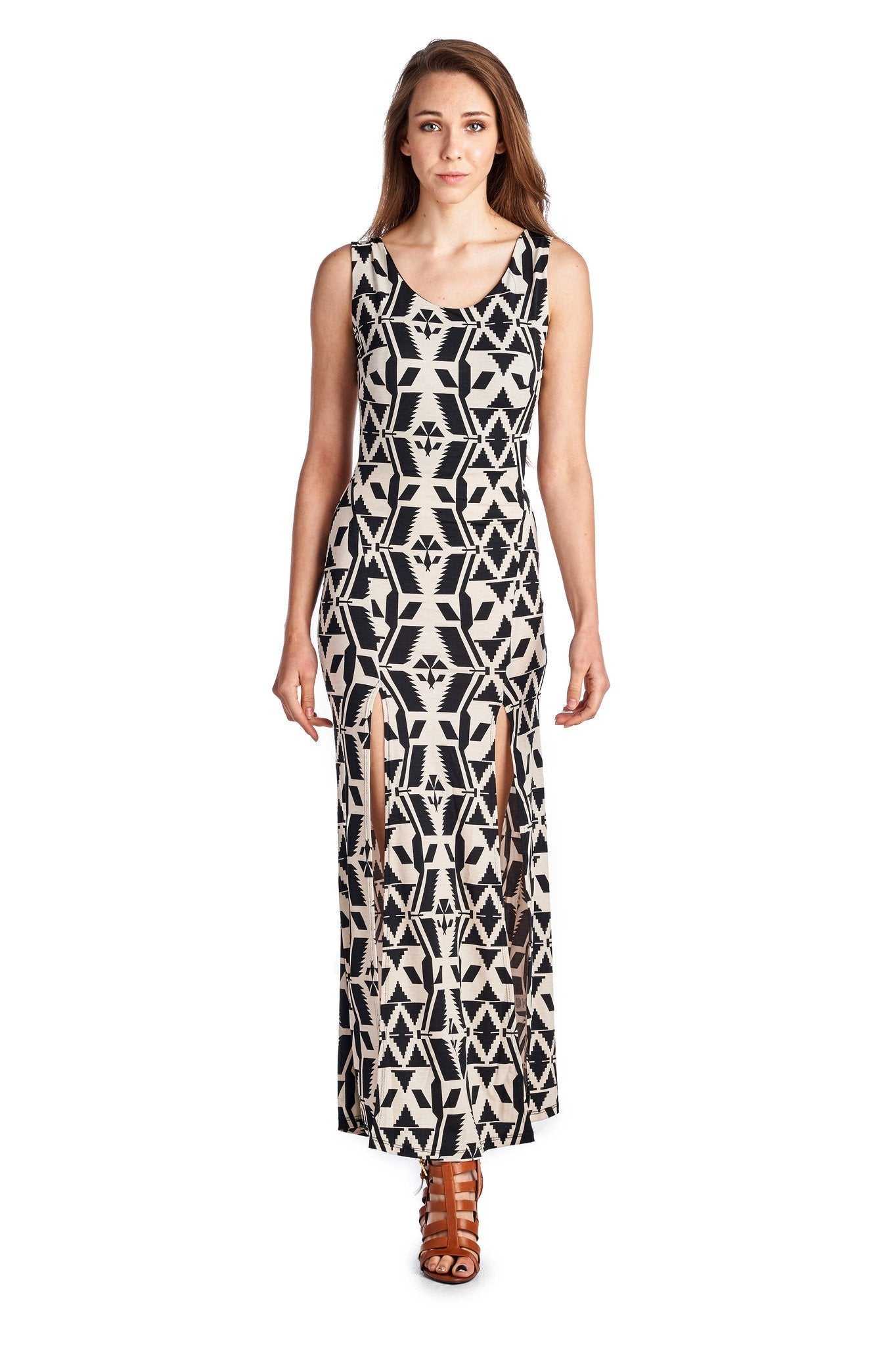 Women's Sleeveless Maxi Dress with Front Slits Black Cream 3 Dresses / Maxi - Tophatter Daily Deals