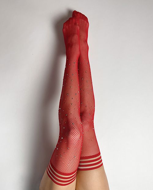 Kix'ies Fishnet Rhinestone Thigh High Red - Tophatter Daily Deals