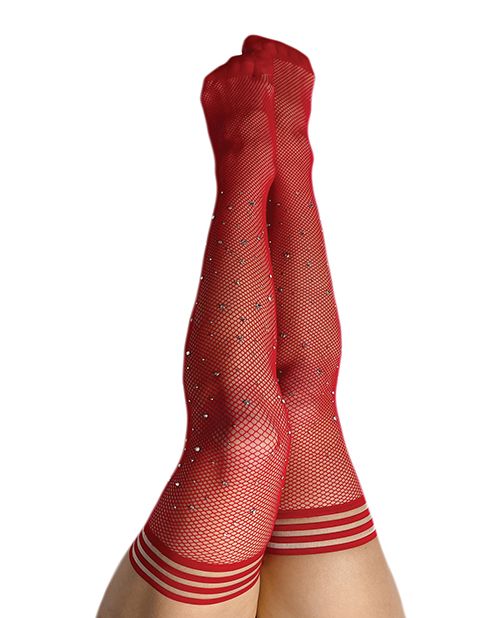 Kix'ies Fishnet Rhinestone Thigh High Red - Tophatter Daily Deals