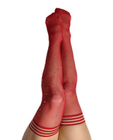 Kix'ies Fishnet Rhinestone Thigh High Red - Tophatter Daily Deals