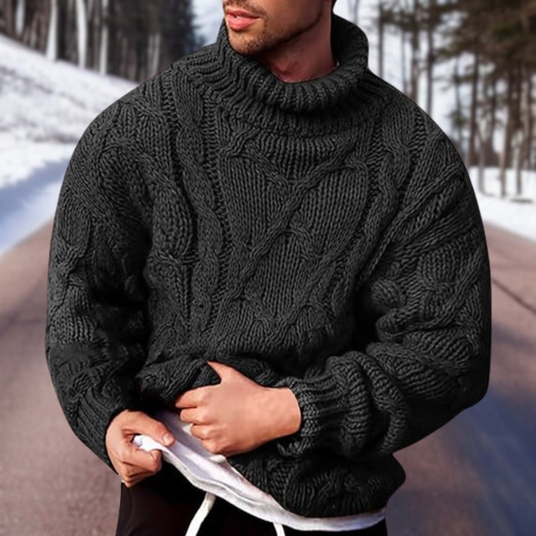 Warm Men's Cable Knit Sweater - Oversized Turtleneck Winter Black - Tophatter Daily Deals