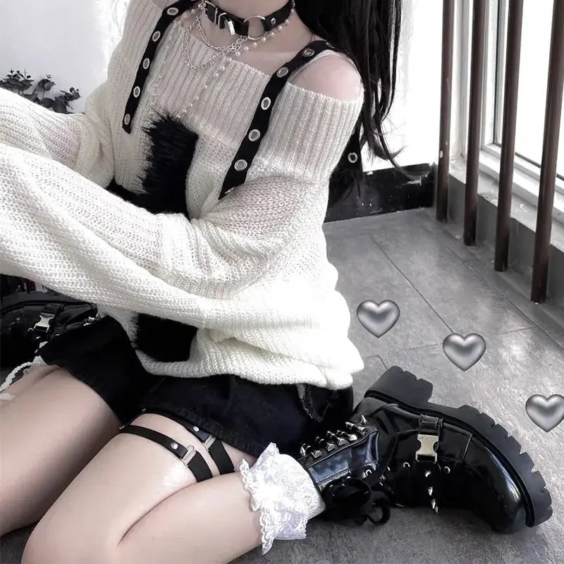 Karrram Harajuku Punk Knitwear Women Off Shoulder Belted Thin Sweater Cross Fur Patch 2022 Autumn Loose Gothic Y2k Pullover - Tophatter Daily Deals