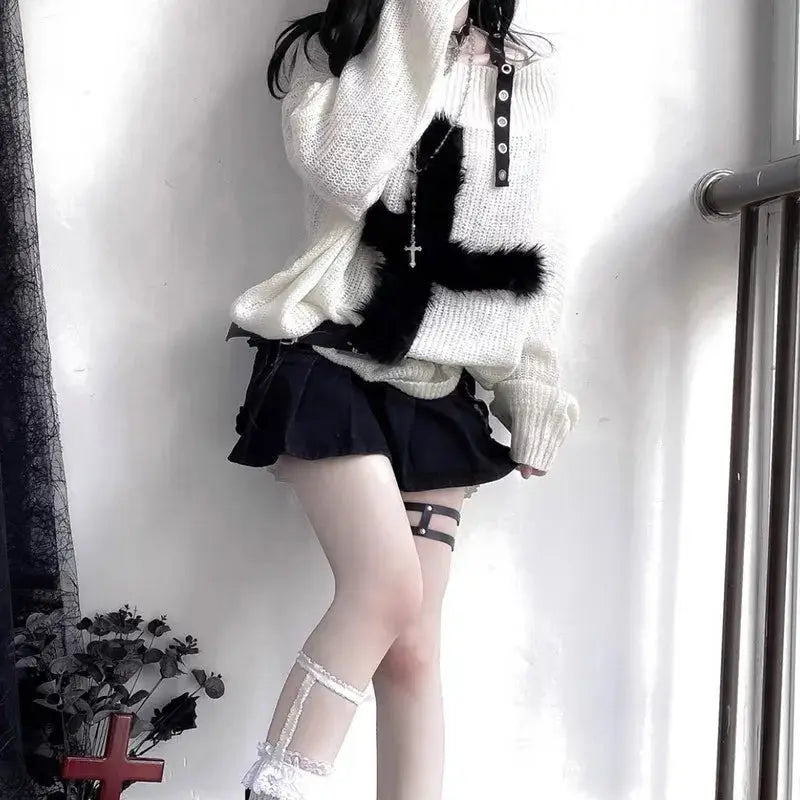 Karrram Harajuku Punk Knitwear Women Off Shoulder Belted Thin Sweater Cross Fur Patch 2022 Autumn Loose Gothic Y2k Pullover - Tophatter Daily Deals