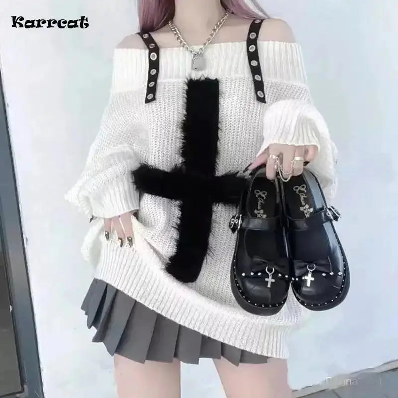 Karrram Harajuku Punk Knitwear Women Off Shoulder Belted Thin Sweater Cross Fur Patch 2022 Autumn Loose Gothic Y2k Pullover - Tophatter Daily Deals