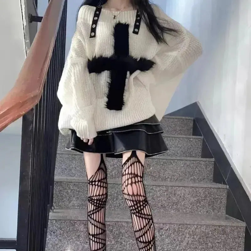 Karrram Harajuku Punk Knitwear Women Off Shoulder Belted Thin Sweater Cross Fur Patch 2022 Autumn Loose Gothic Y2k Pullover - Tophatter Daily Deals