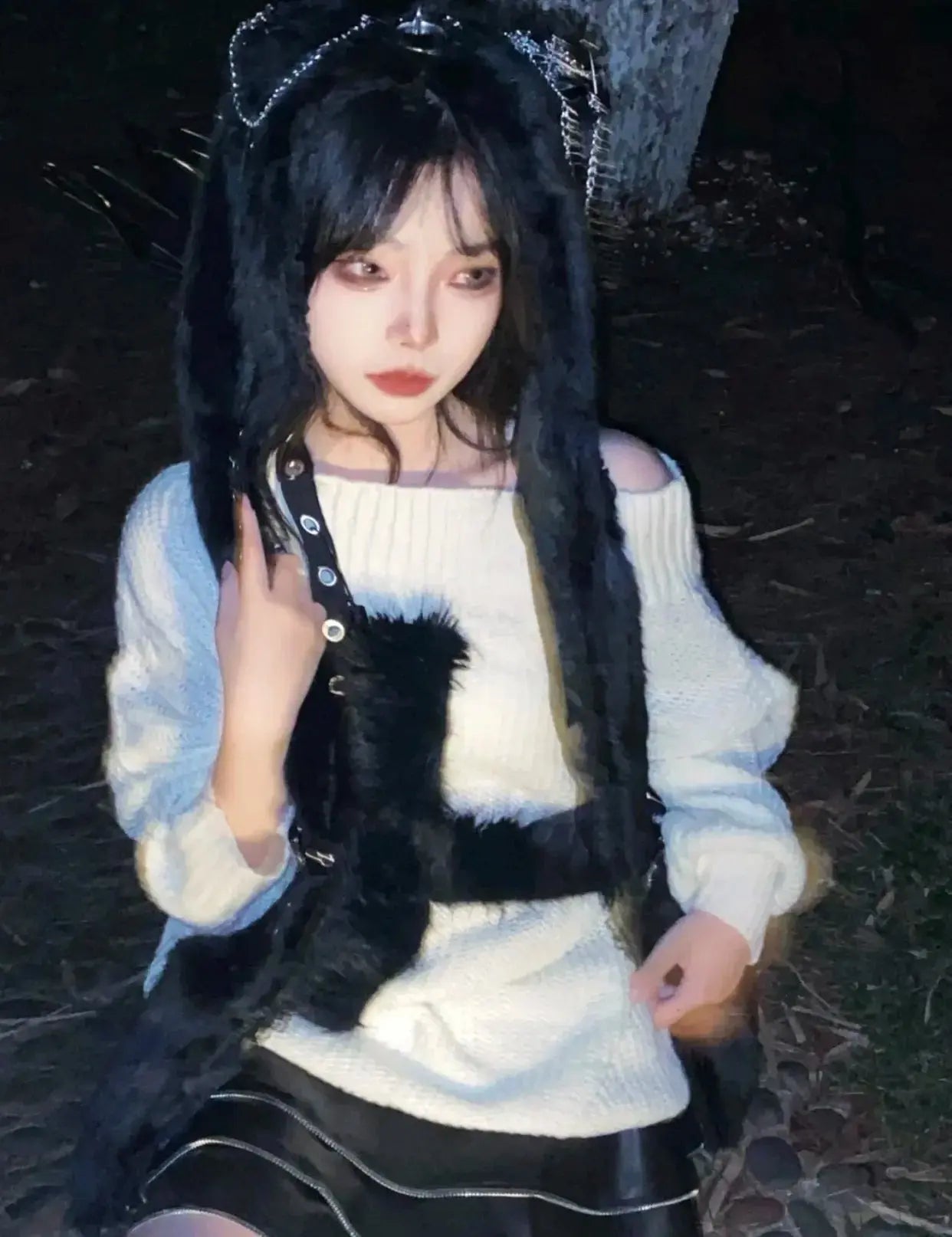 Karrram Harajuku Punk Knitwear Women Off Shoulder Belted Thin Sweater Cross Fur Patch 2022 Autumn Loose Gothic Y2k Pullover - Tophatter Daily Deals