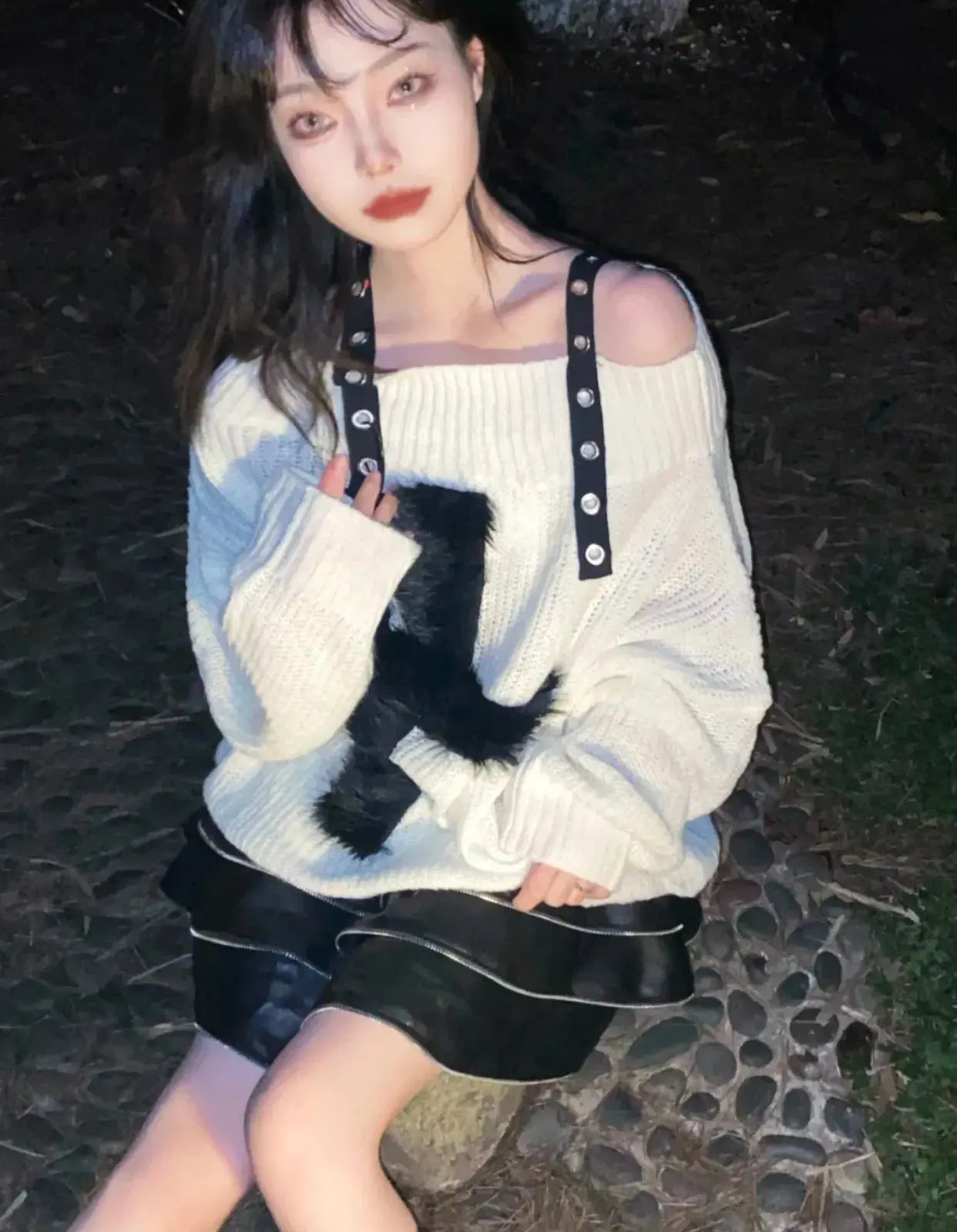 Karrram Harajuku Punk Knitwear Women Off Shoulder Belted Thin Sweater Cross Fur Patch 2022 Autumn Loose Gothic Y2k Pullover - Tophatter Daily Deals